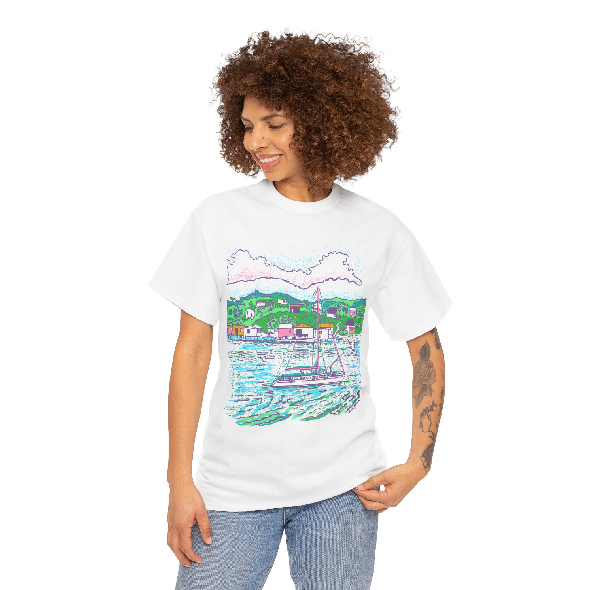 Catamaran Cruising the Bay - - Unisex Heavy Cotton T-Shirt | Gildan 5000 - Image 3