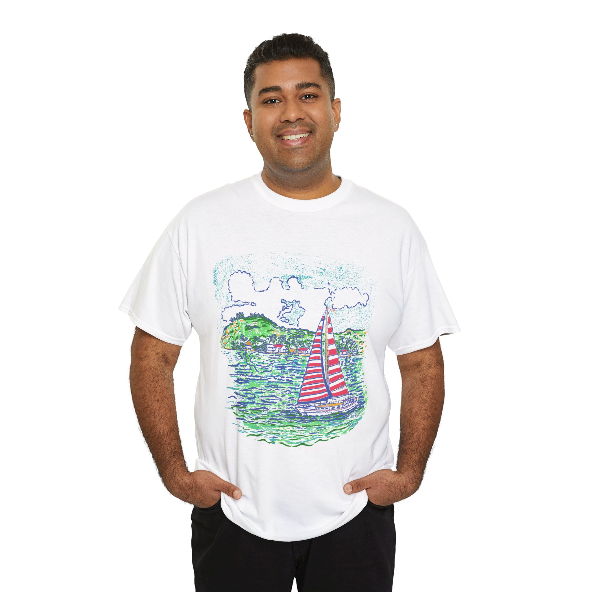 Caribbean Sailboat in the Wind - Unisex Heavy Cotton T-Shirt | Gildan 5000 - Image 6