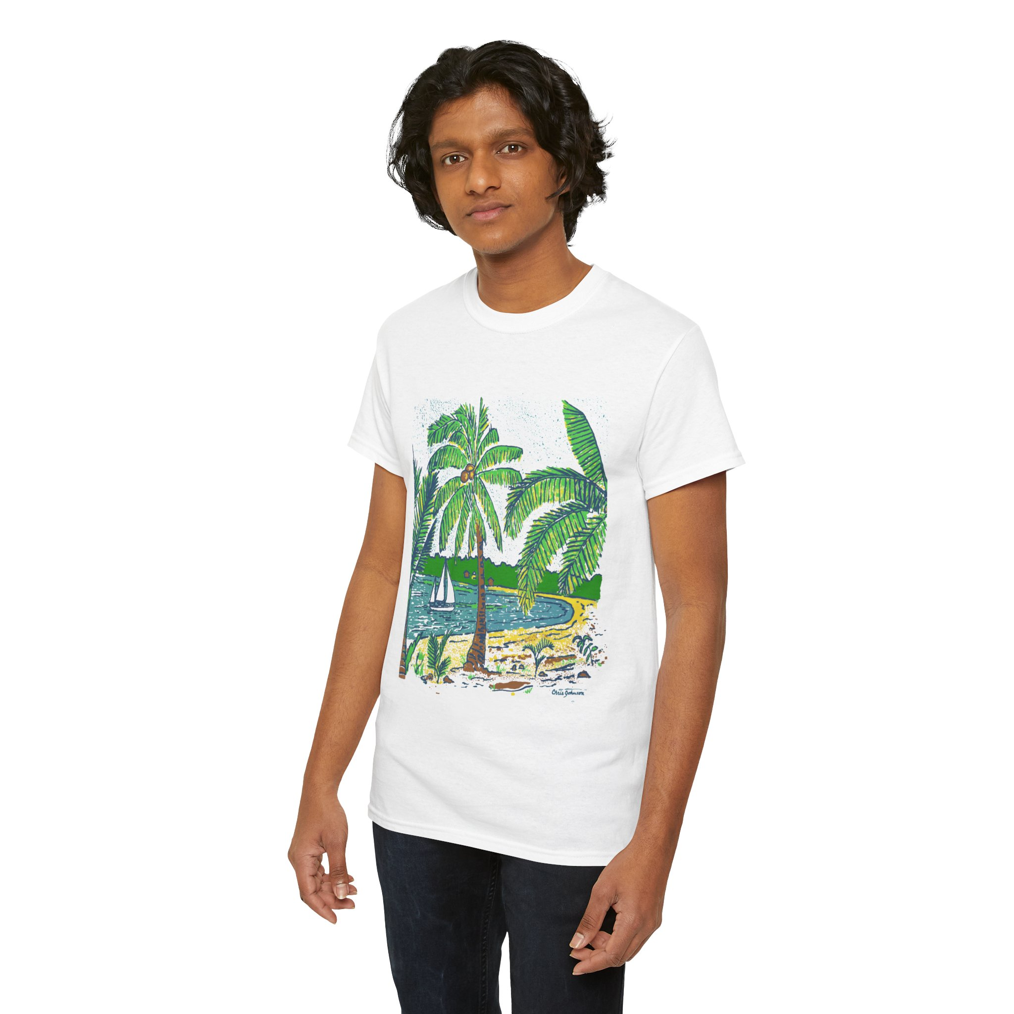 Coconut Palm Trees at the Beach - Unisex Heavy Cotton Tee } Gildan 5000 - Image 5