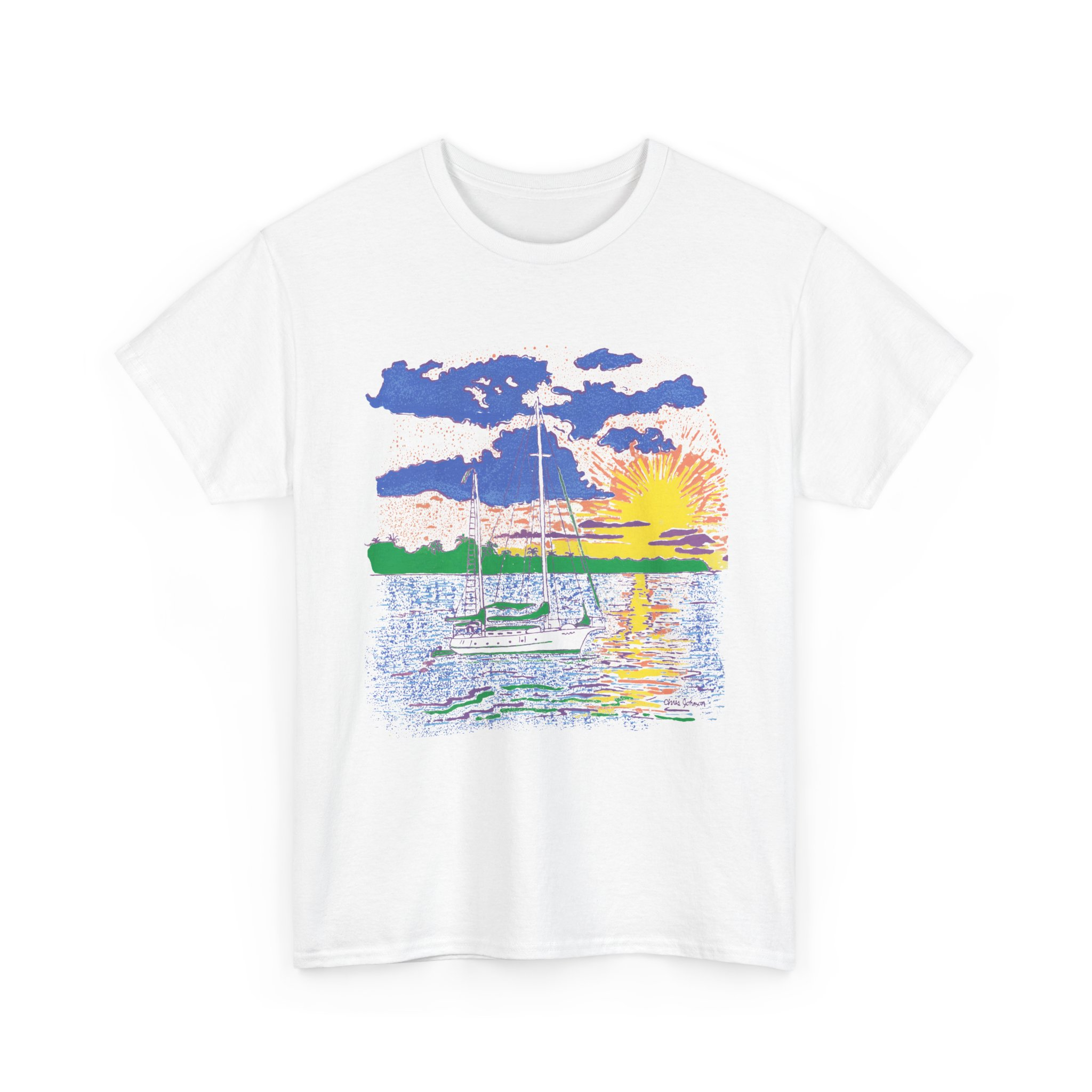 Ketch Sailboat at Sunset -Unisex Heavy Cotton T-Shirt | Gildan 5000 - Image 2