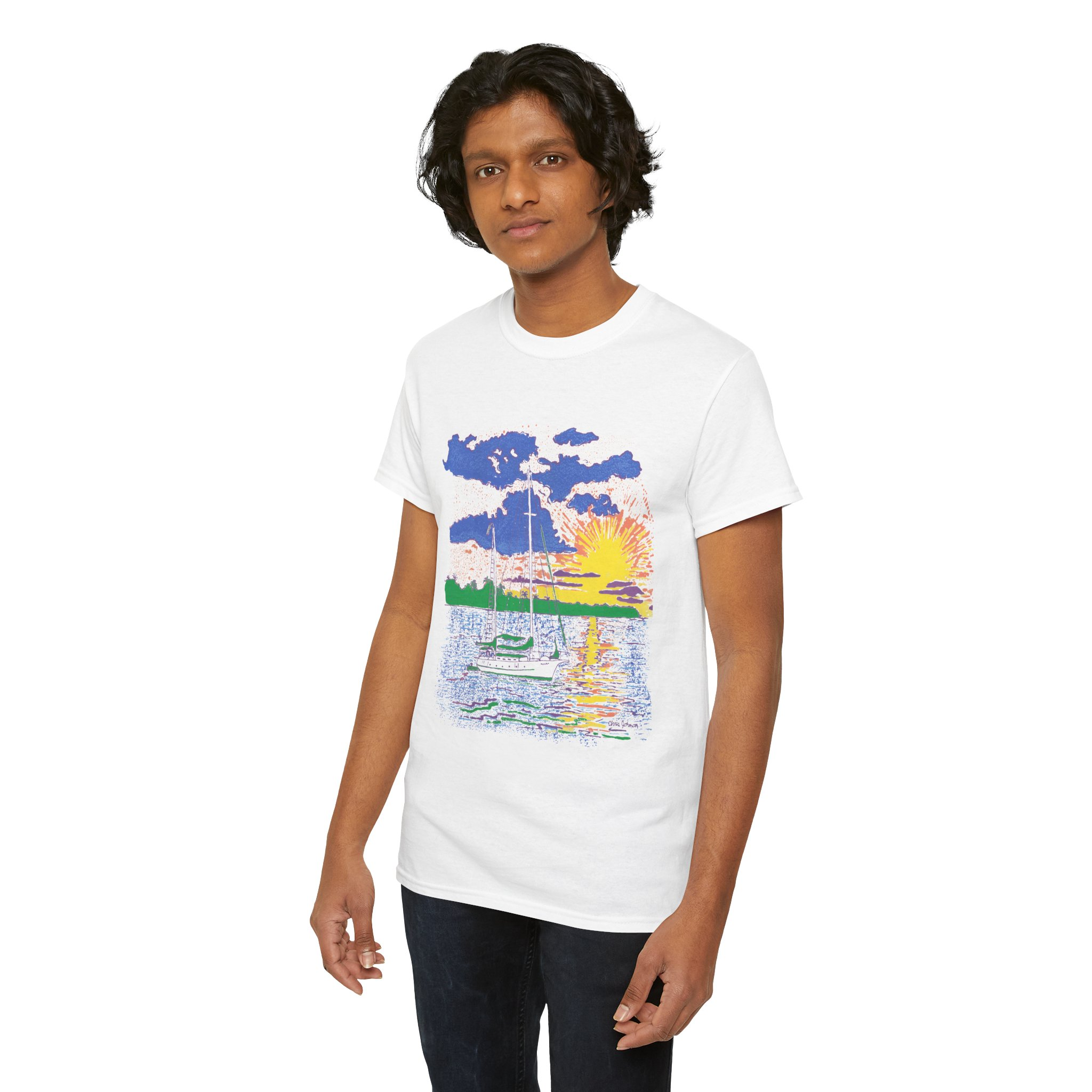 Ketch Sailboat at Sunset -Unisex Heavy Cotton T-Shirt | Gildan 5000 - Image 6