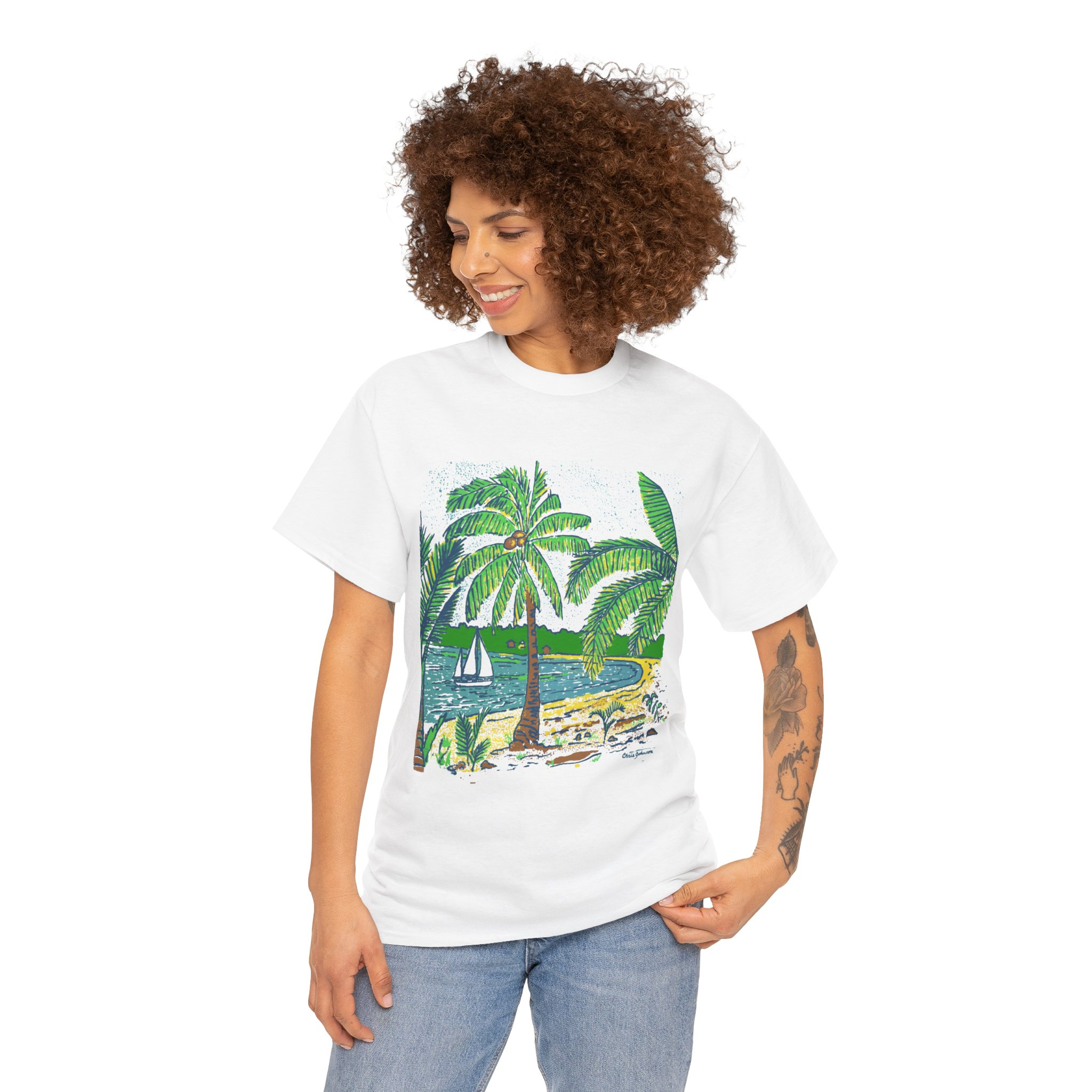 Coconut Palm Trees at the Beach - Unisex Heavy Cotton Tee } Gildan 5000 - Image 6