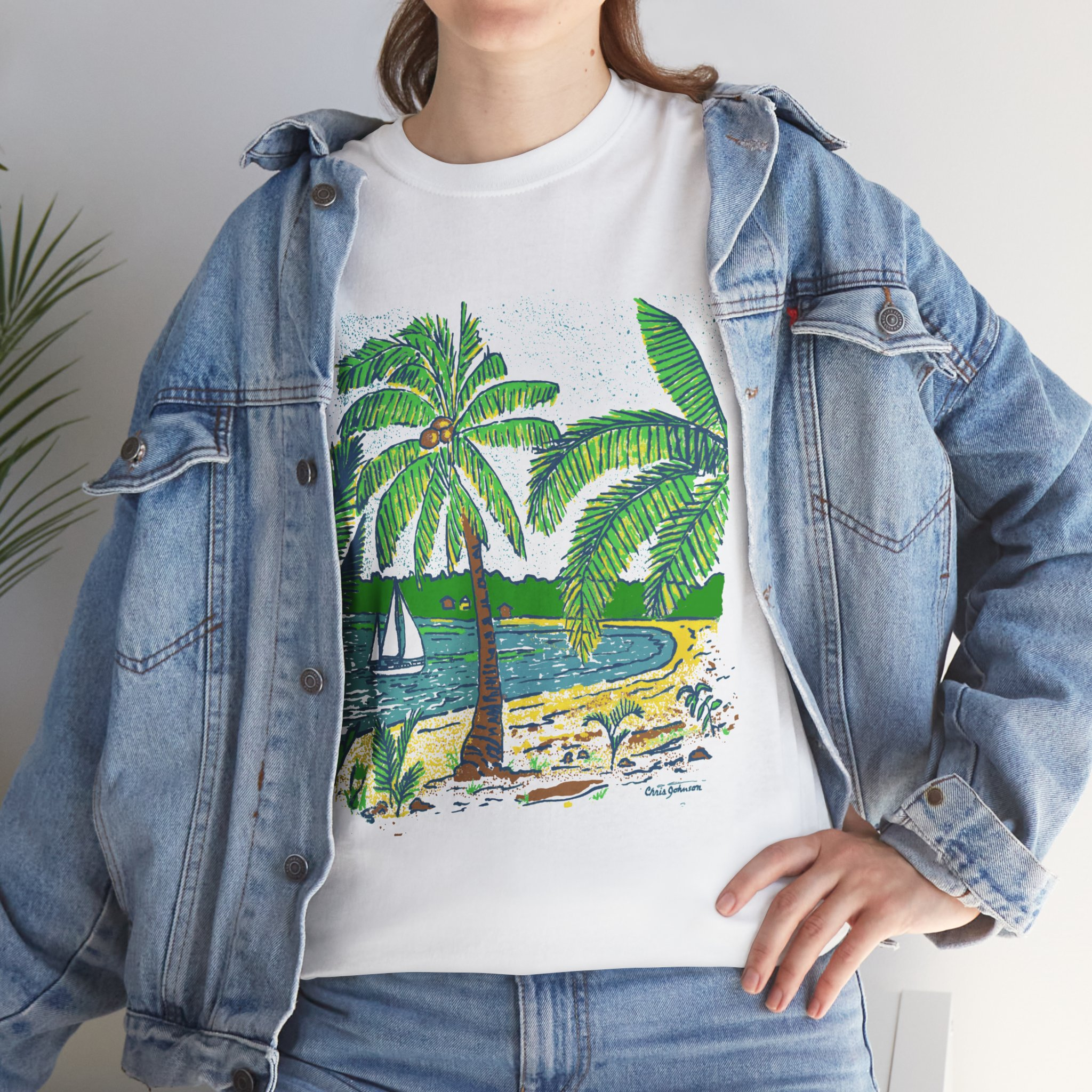 Coconut Palm Trees at the Beach - Unisex Heavy Cotton Tee } Gildan 5000 - Image 4