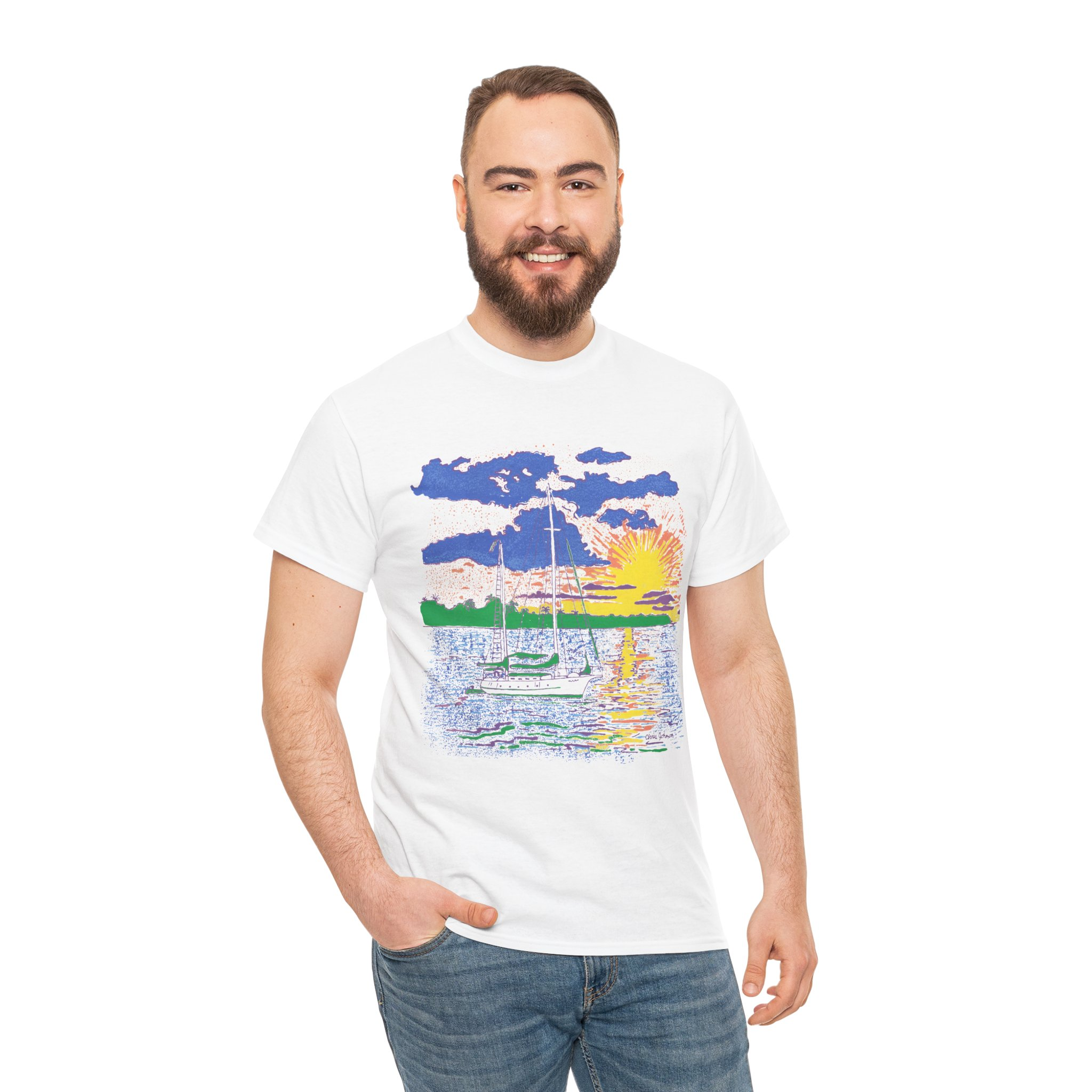 Ketch Sailboat at Sunset -Unisex Heavy Cotton T-Shirt | Gildan 5000 - Image 5