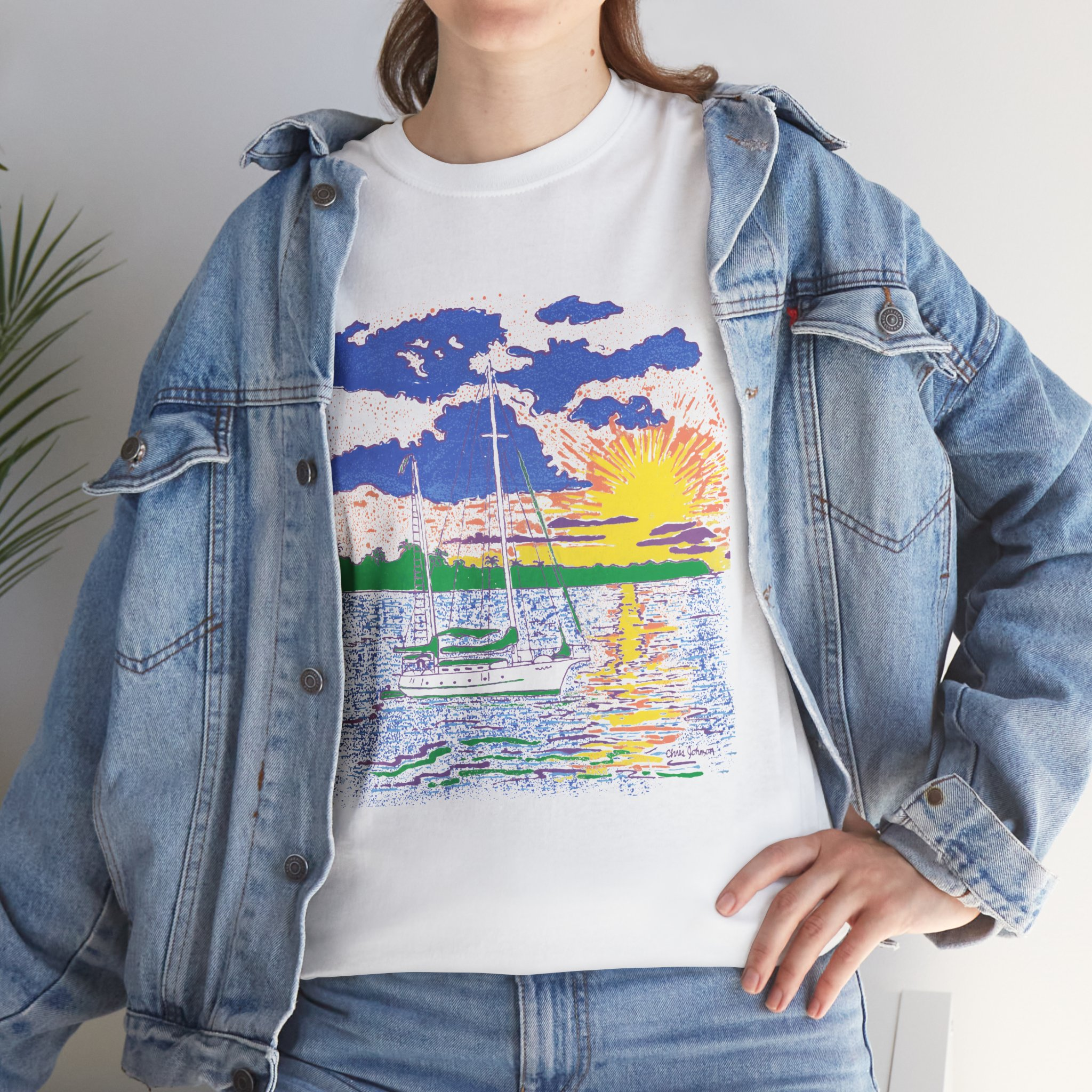 Ketch Sailboat at Sunset -Unisex Heavy Cotton T-Shirt | Gildan 5000 - Image 7