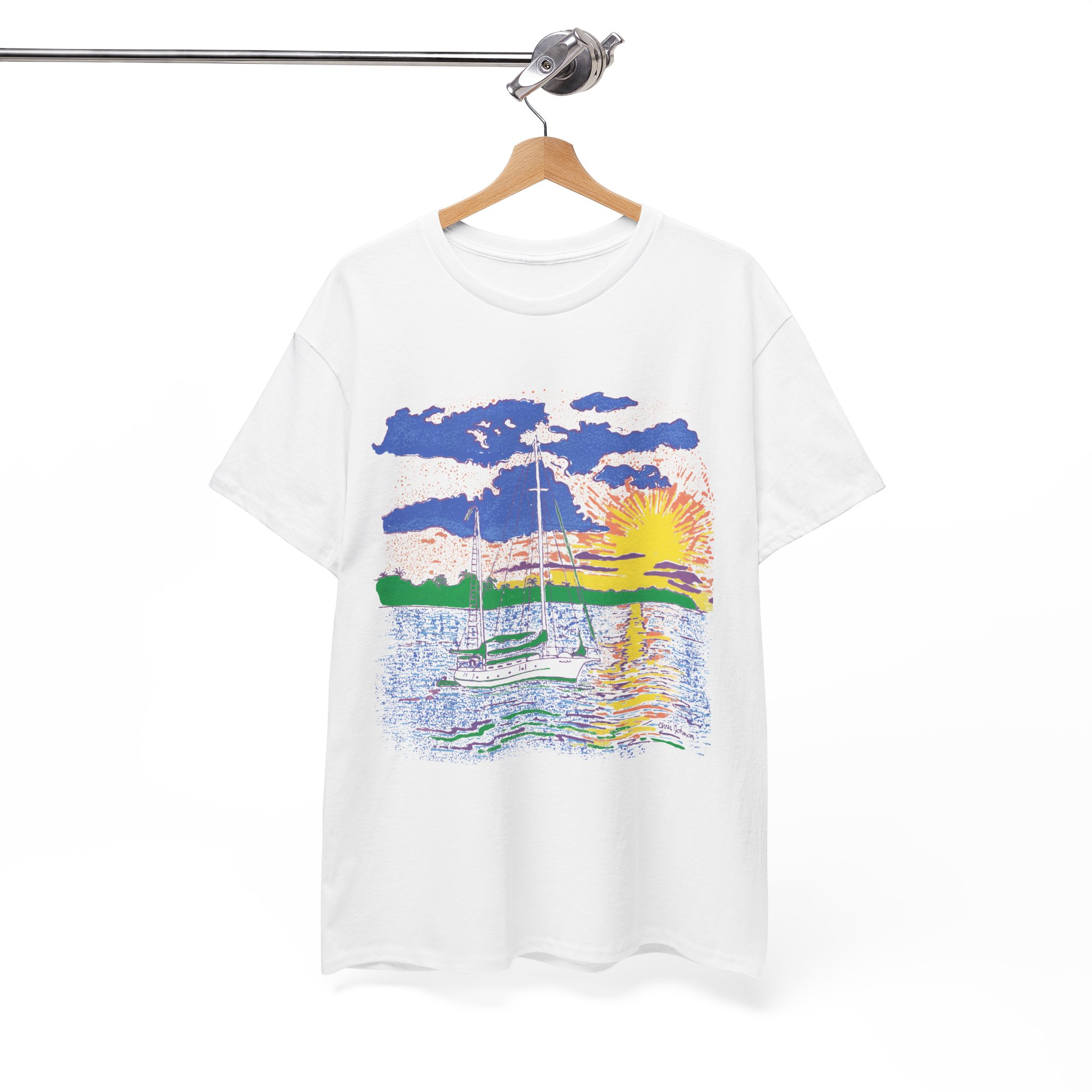 Ketch Sailboat at Sunset -Unisex Heavy Cotton T-Shirt | Gildan 5000 - Image 3