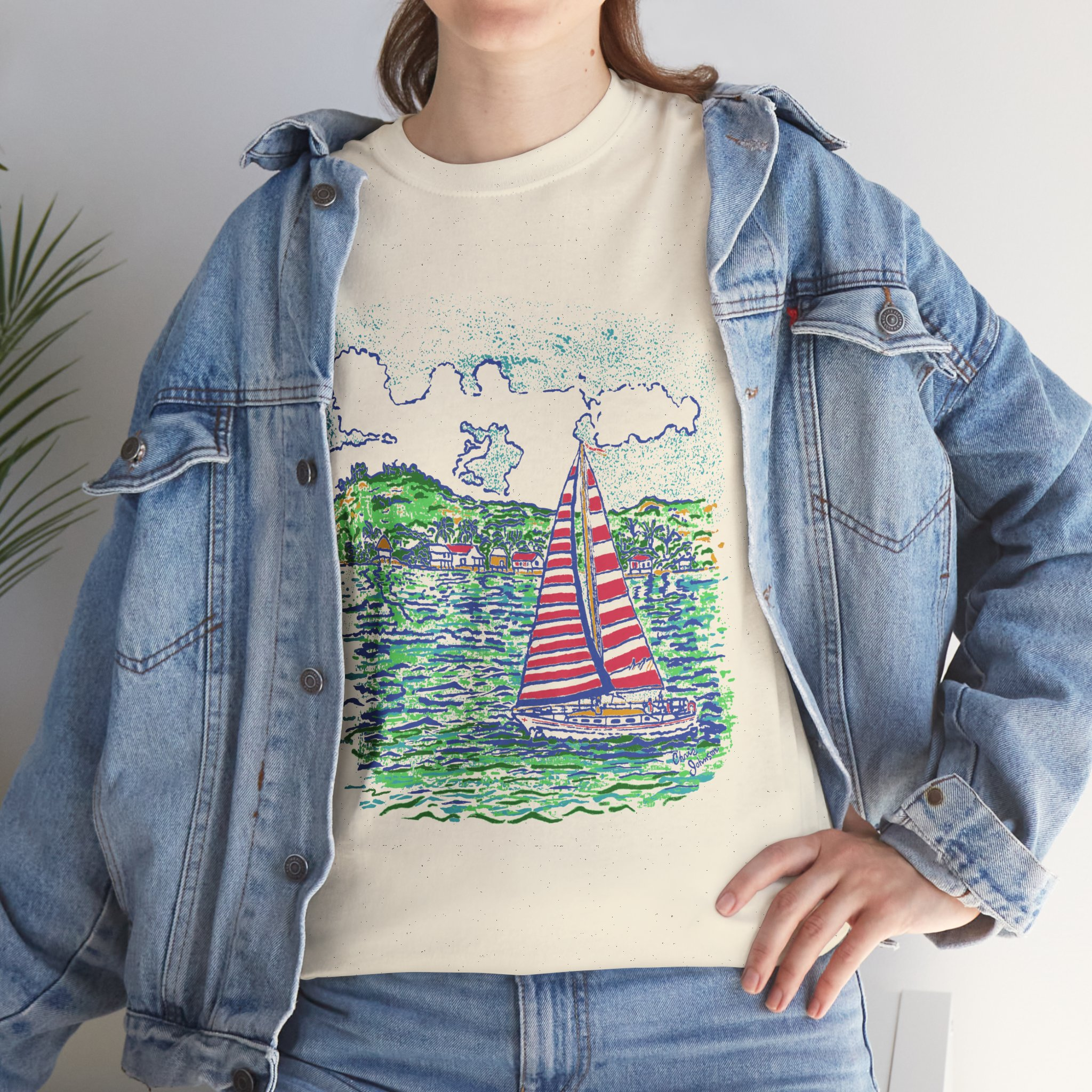 Caribbean Sailboat in the Wind - Unisex Heavy Cotton T-Shirt | Gildan 5000 - Image 9