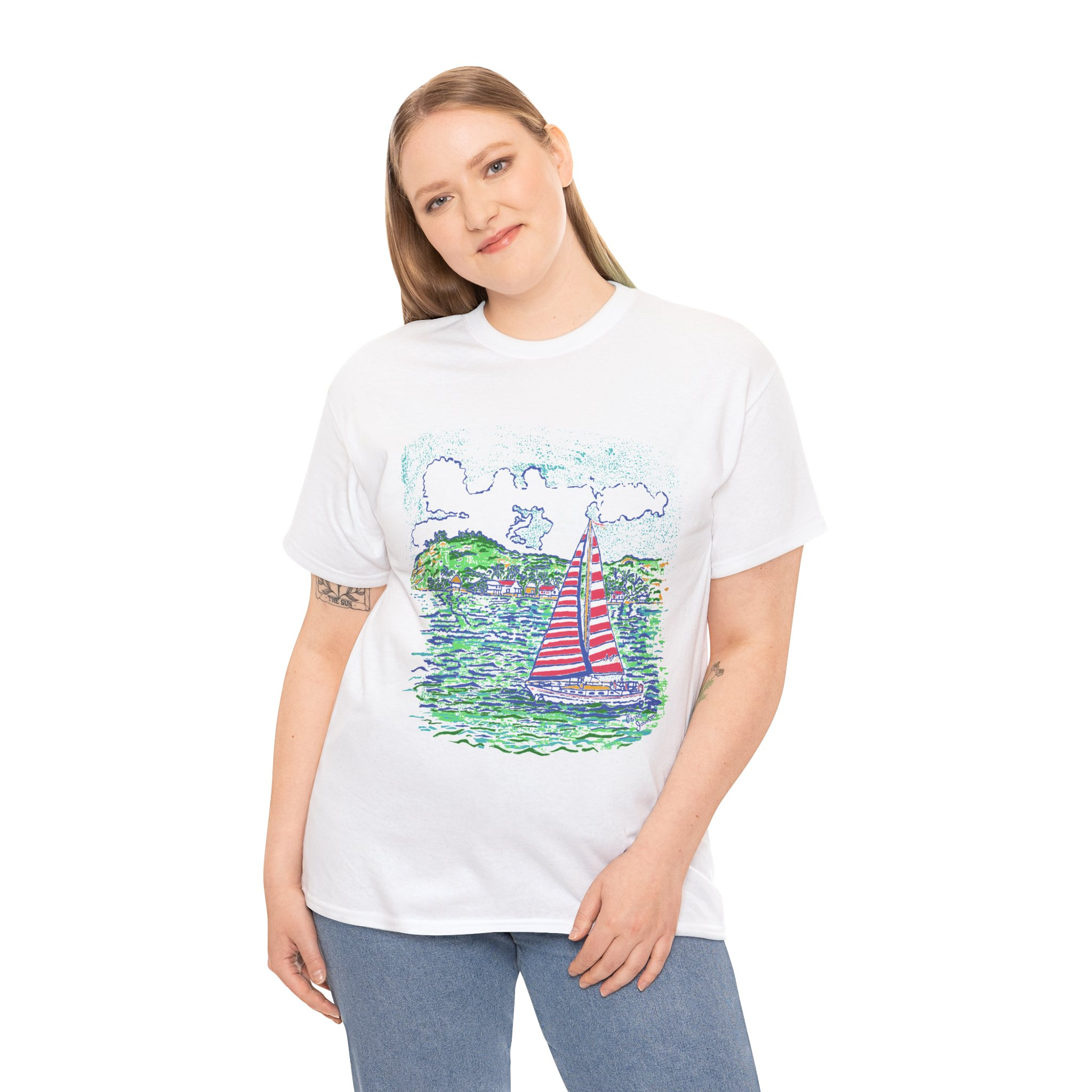 Caribbean Sailboat in the Wind - Unisex Heavy Cotton T-Shirt | Gildan 5000 - Image 3