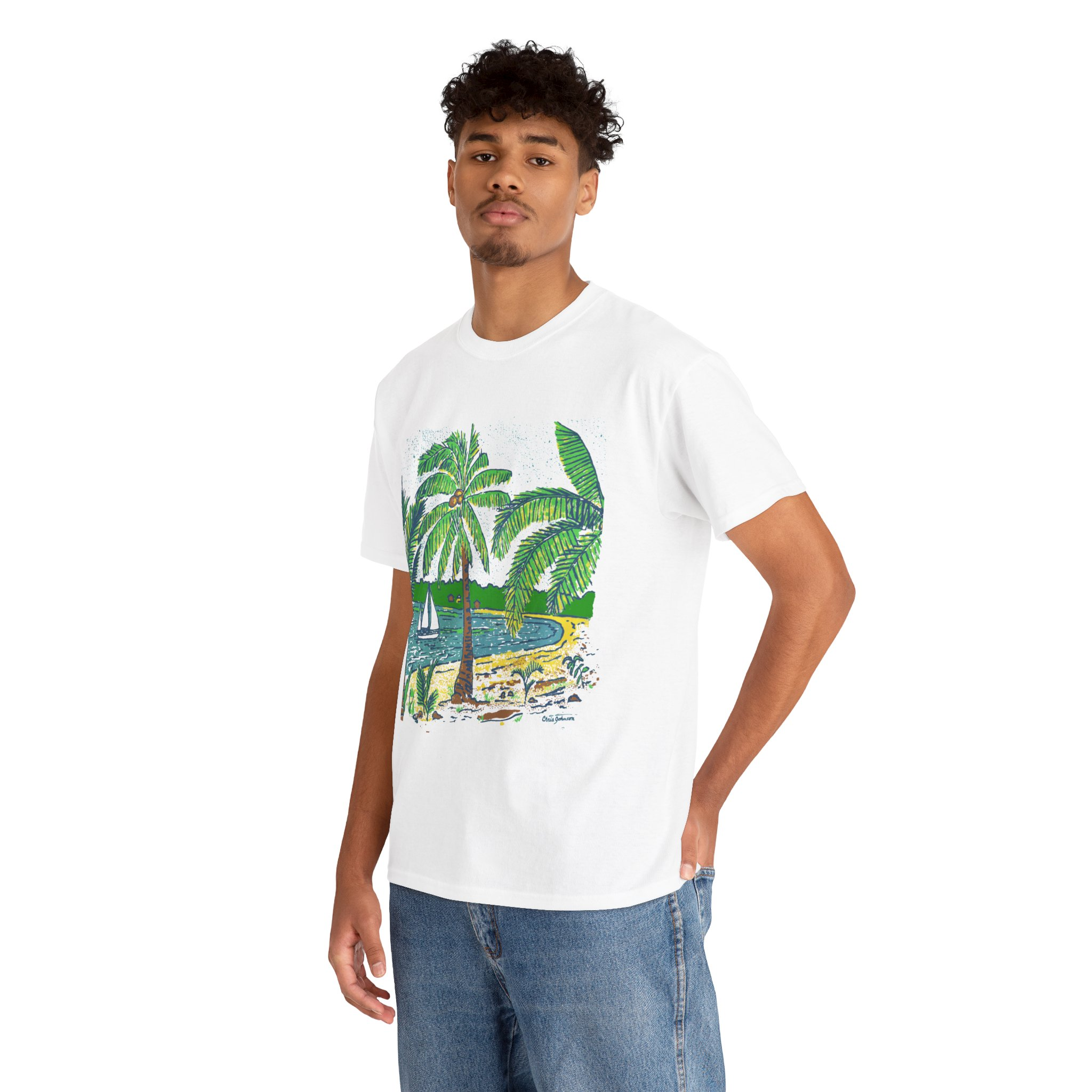 Coconut Palm Trees at the Beach - Unisex Heavy Cotton Tee } Gildan 5000 - Image 3