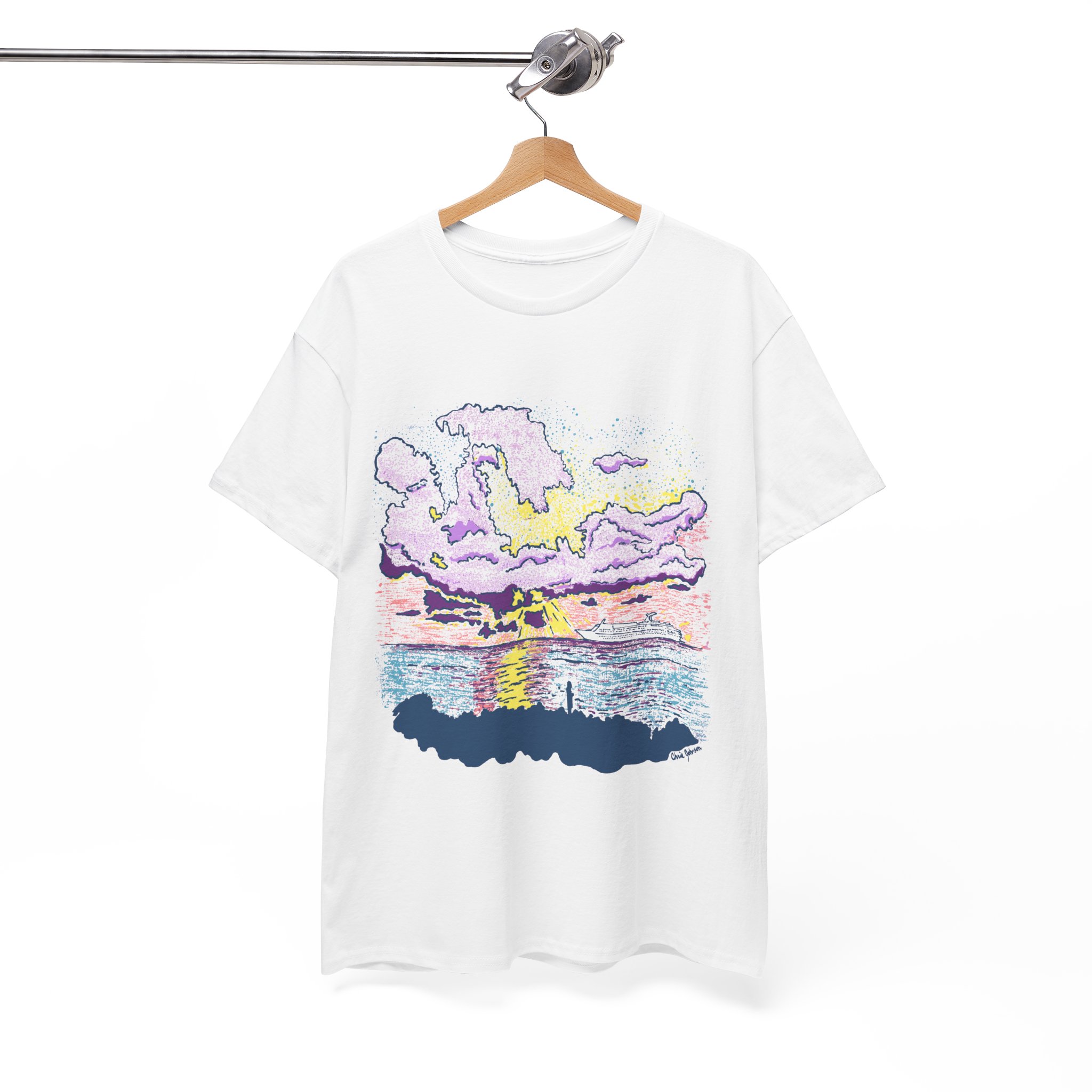 Cayman Cruiseship at Sunset - Sunset Wave Unisex Cotton Tee, Casual Summer Shirt, Beach Vibes T-Shirt, Graphic Tee for Ocean Lovers, Relaxed Fit Summer Apparel - Image 3