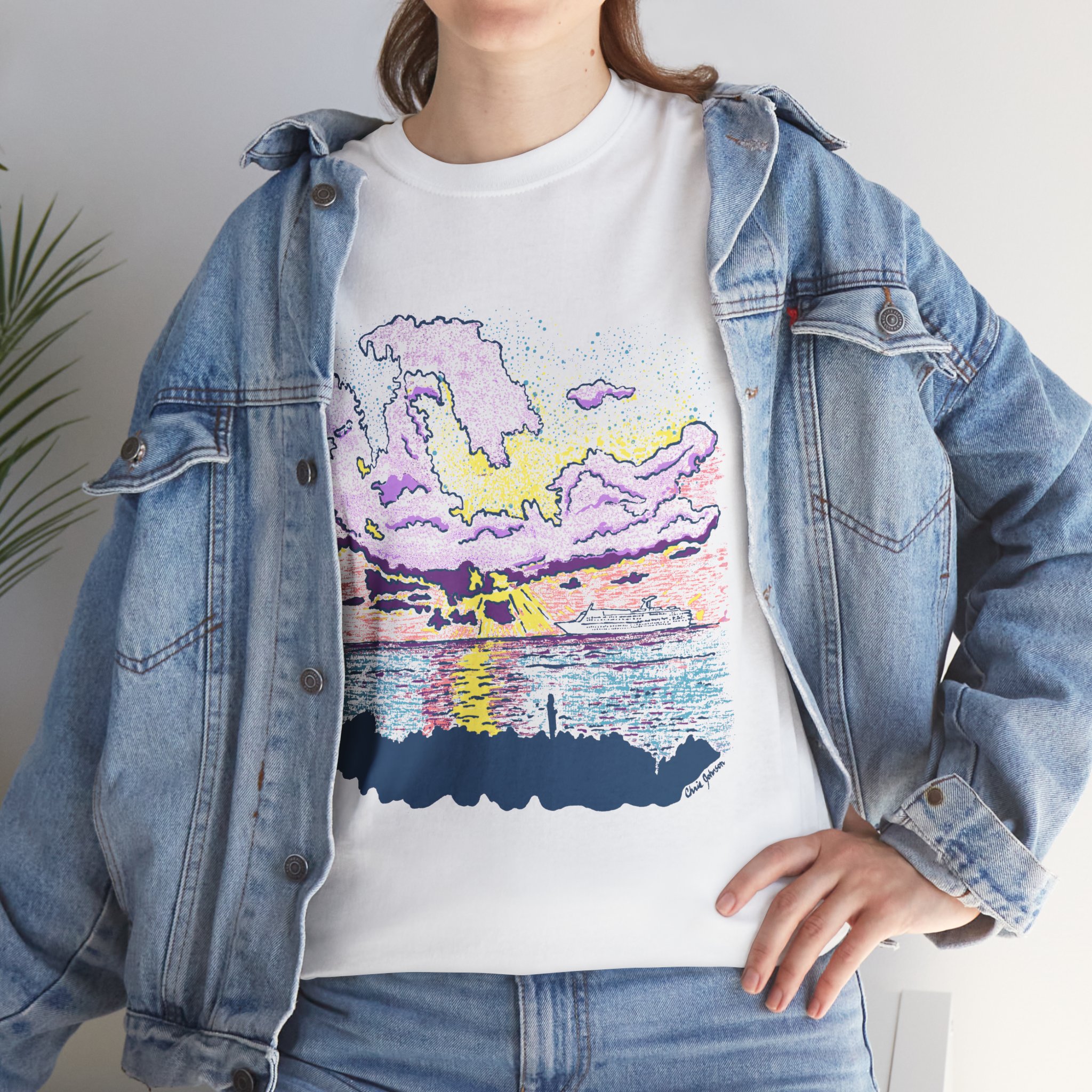 Cayman Cruiseship at Sunset - Sunset Wave Unisex Cotton Tee, Casual Summer Shirt, Beach Vibes T-Shirt, Graphic Tee for Ocean Lovers, Relaxed Fit Summer Apparel - Image 6