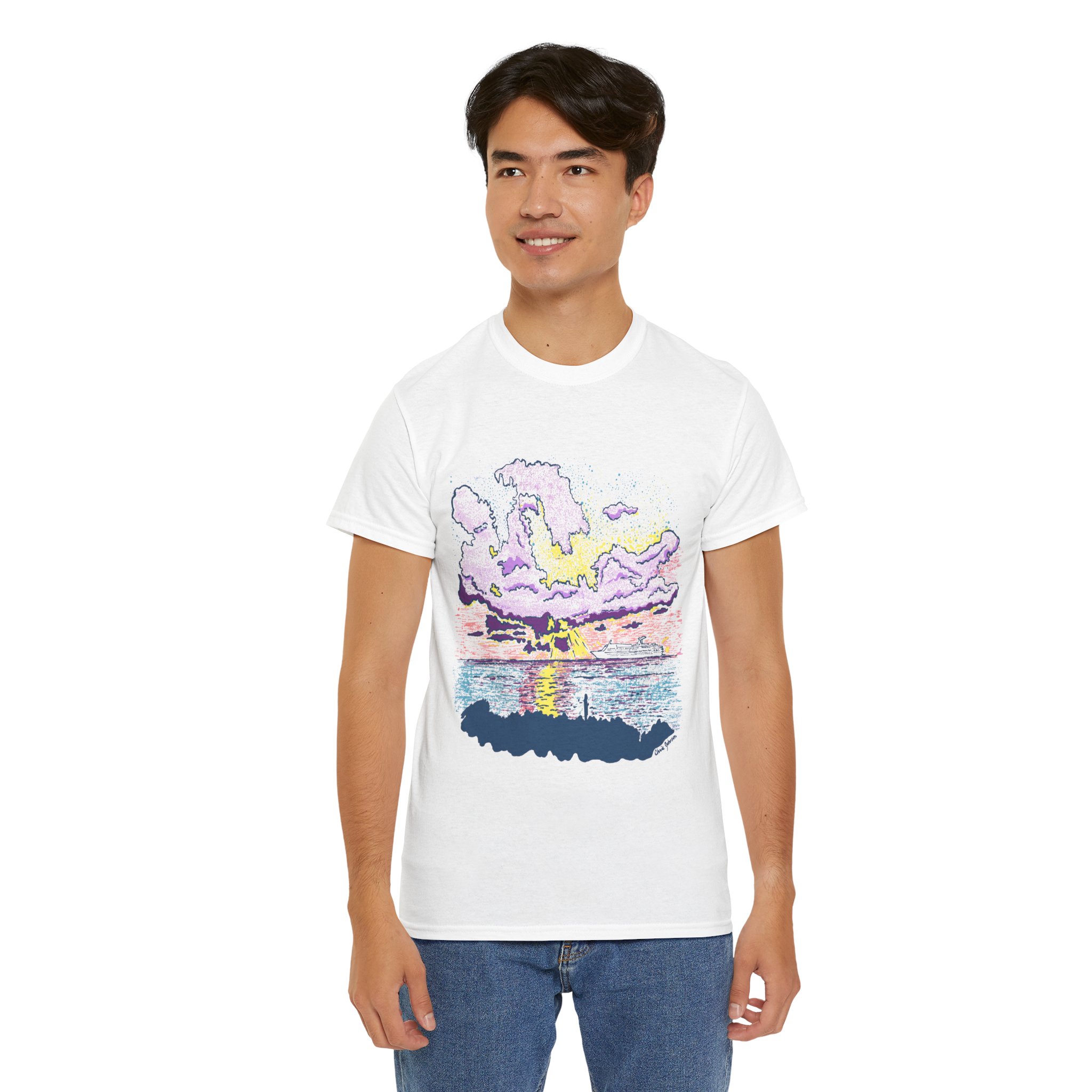 Cayman Cruiseship at Sunset - Sunset Wave Unisex Cotton Tee, Casual Summer Shirt, Beach Vibes T-Shirt, Graphic Tee for Ocean Lovers, Relaxed Fit Summer Apparel - Image 4