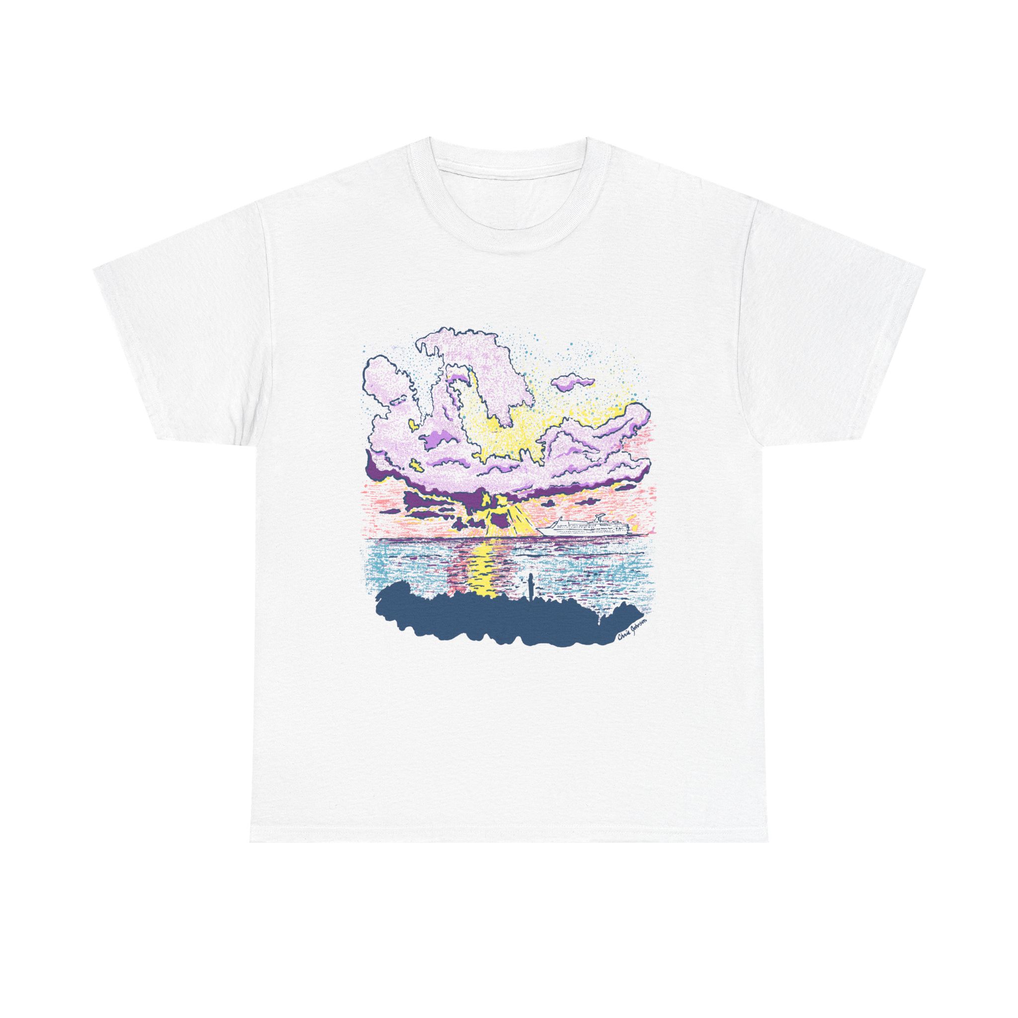 Cayman Cruiseship at Sunset - Sunset Wave Unisex Cotton Tee, Casual Summer Shirt, Beach Vibes T-Shirt, Graphic Tee for Ocean Lovers, Relaxed Fit Summer Apparel
