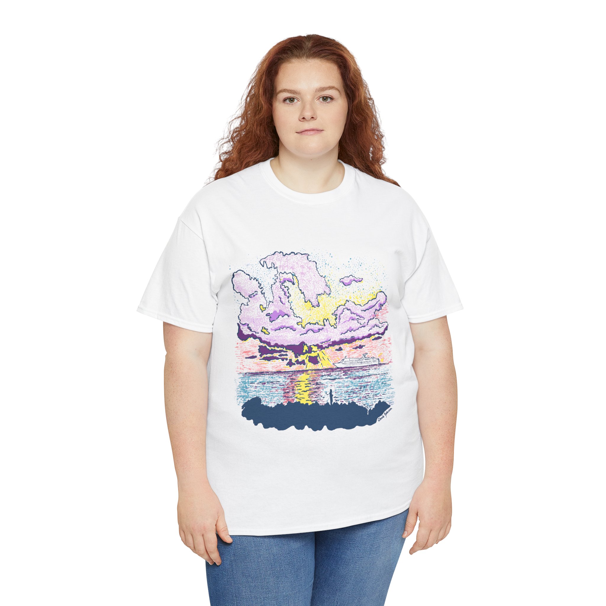 Cayman Cruiseship at Sunset - Sunset Wave Unisex Cotton Tee, Casual Summer Shirt, Beach Vibes T-Shirt, Graphic Tee for Ocean Lovers, Relaxed Fit Summer Apparel - Image 5