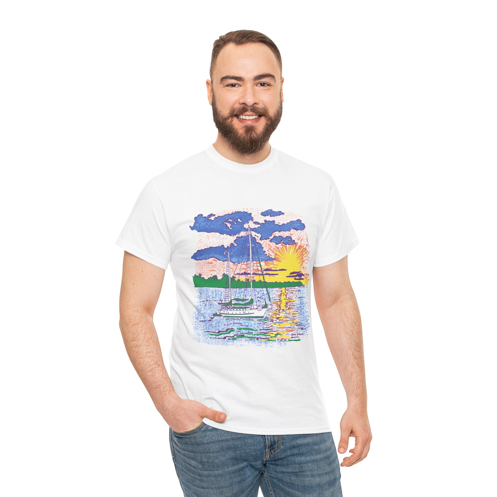Ketch Sailboat at Sunset -Gildan 5000 - Unisex Heavy Cotton T-Shirt - Image 5