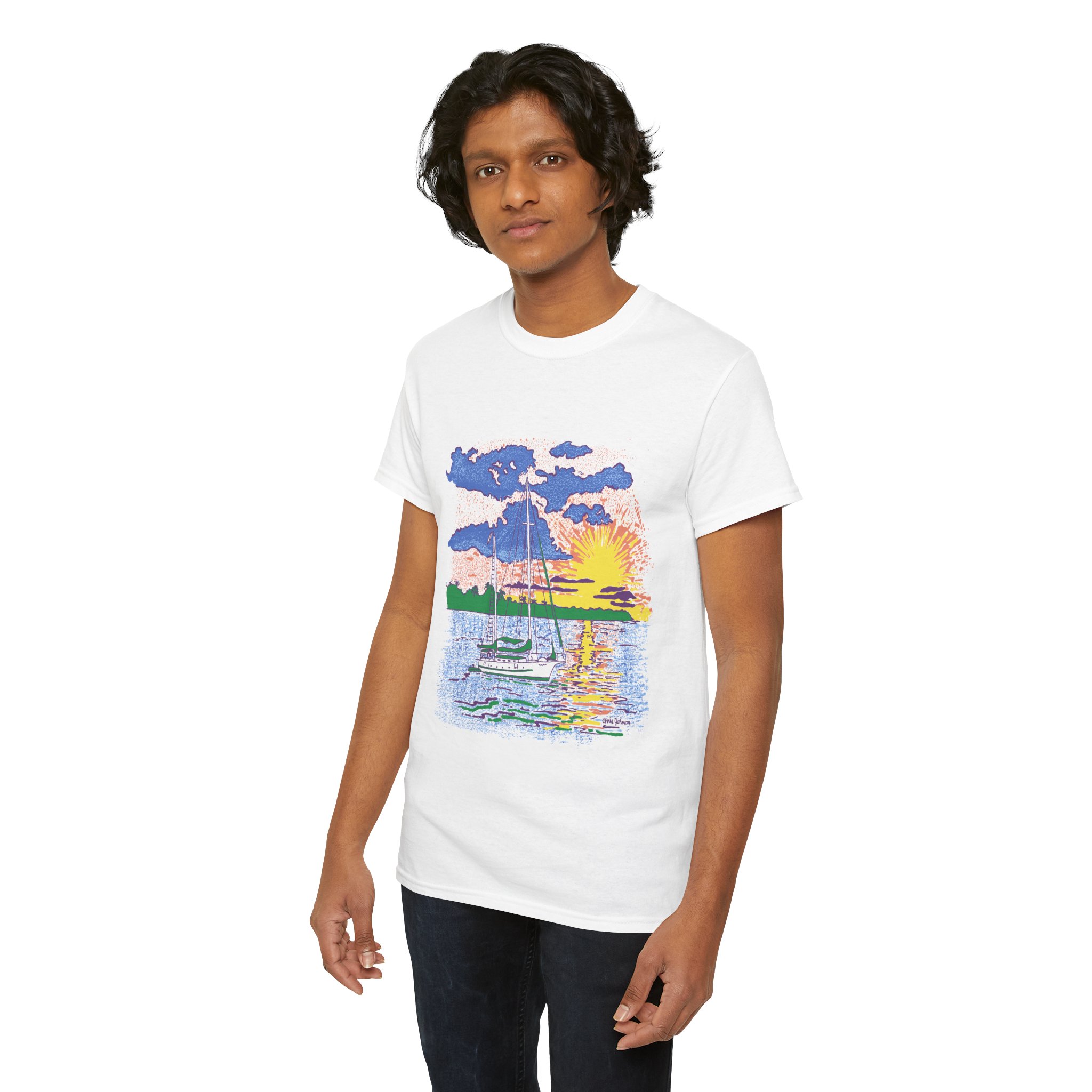 Ketch Sailboat at Sunset -Gildan 5000 - Unisex Heavy Cotton T-Shirt - Image 6