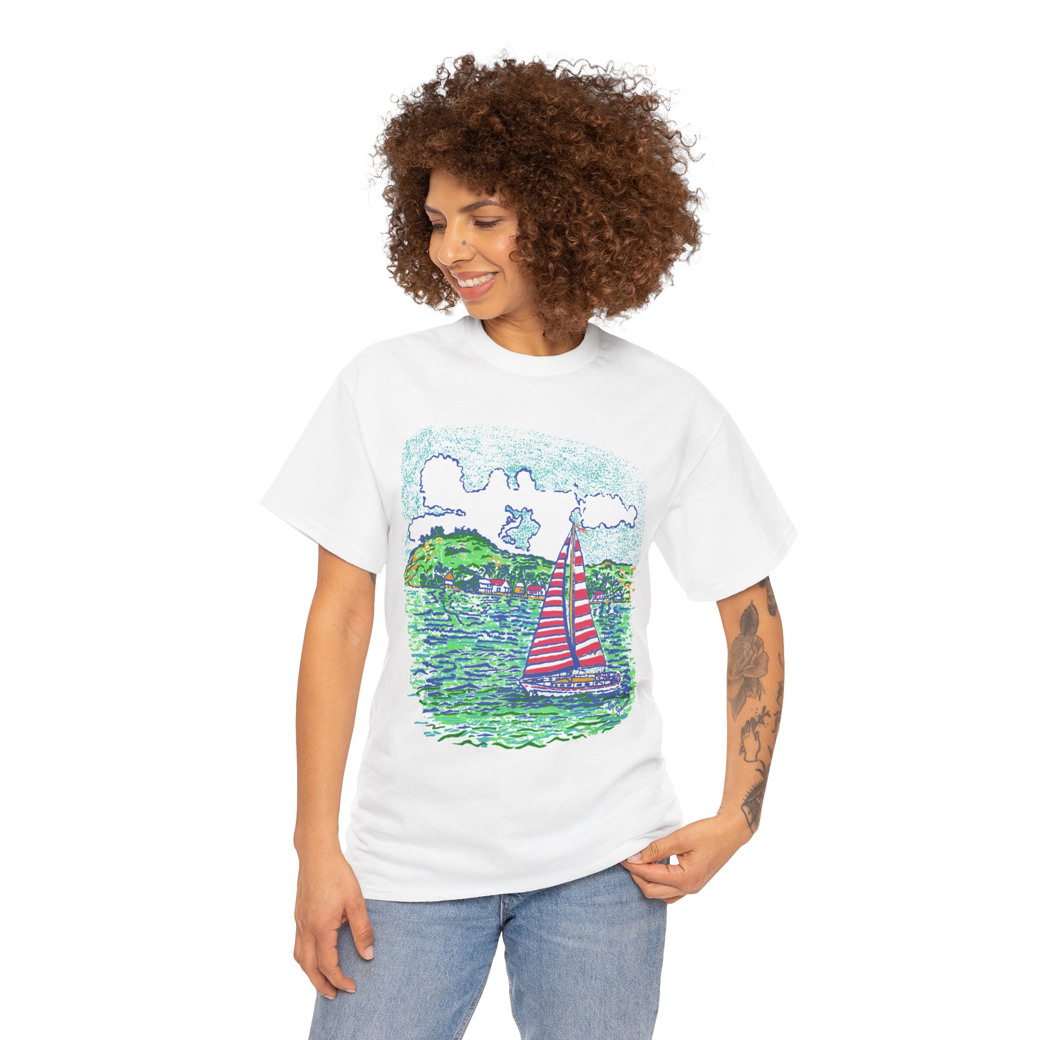 Caribbean Sailboat in the Wind -Gildan 5000 - Unisex Heavy Cotton Tee - Image 5
