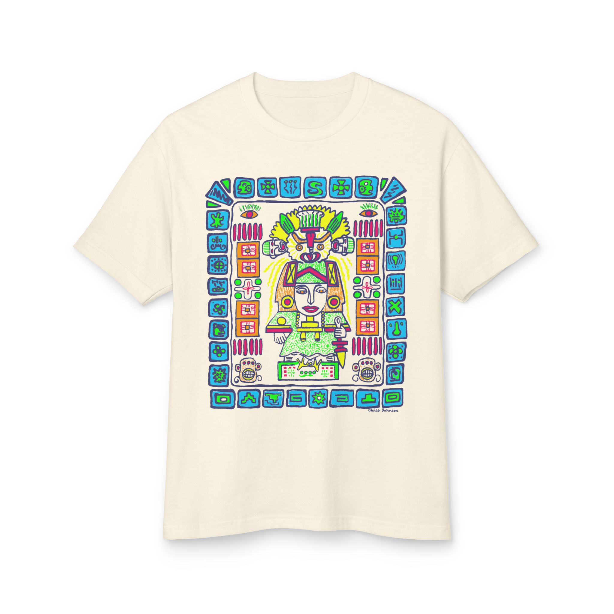 Mayan Glyph Art Cotton Tee — Colorful Aztec-Inspired Calendar Design