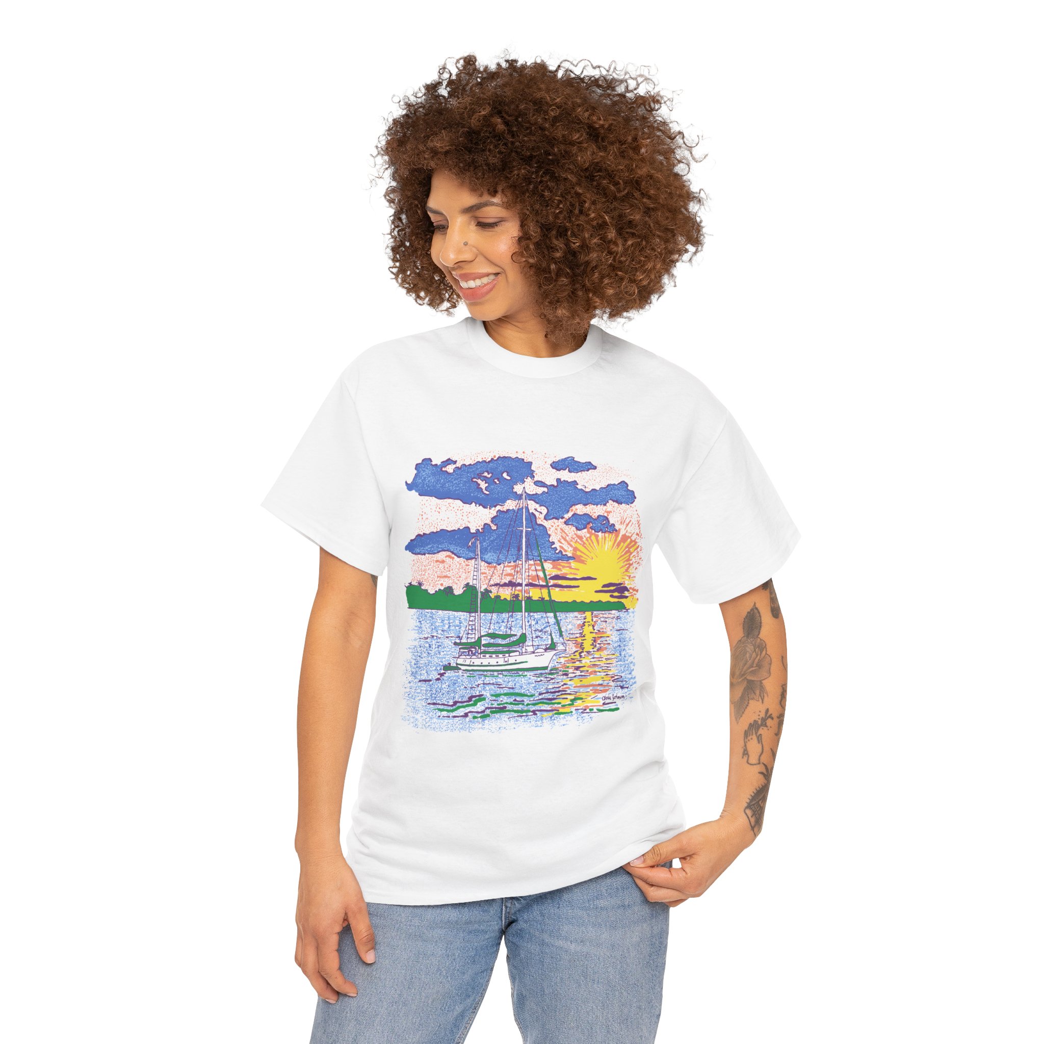 Ketch Sailboat at Sunset -Gildan 5000 - Unisex Heavy Cotton T-Shirt - Image 4