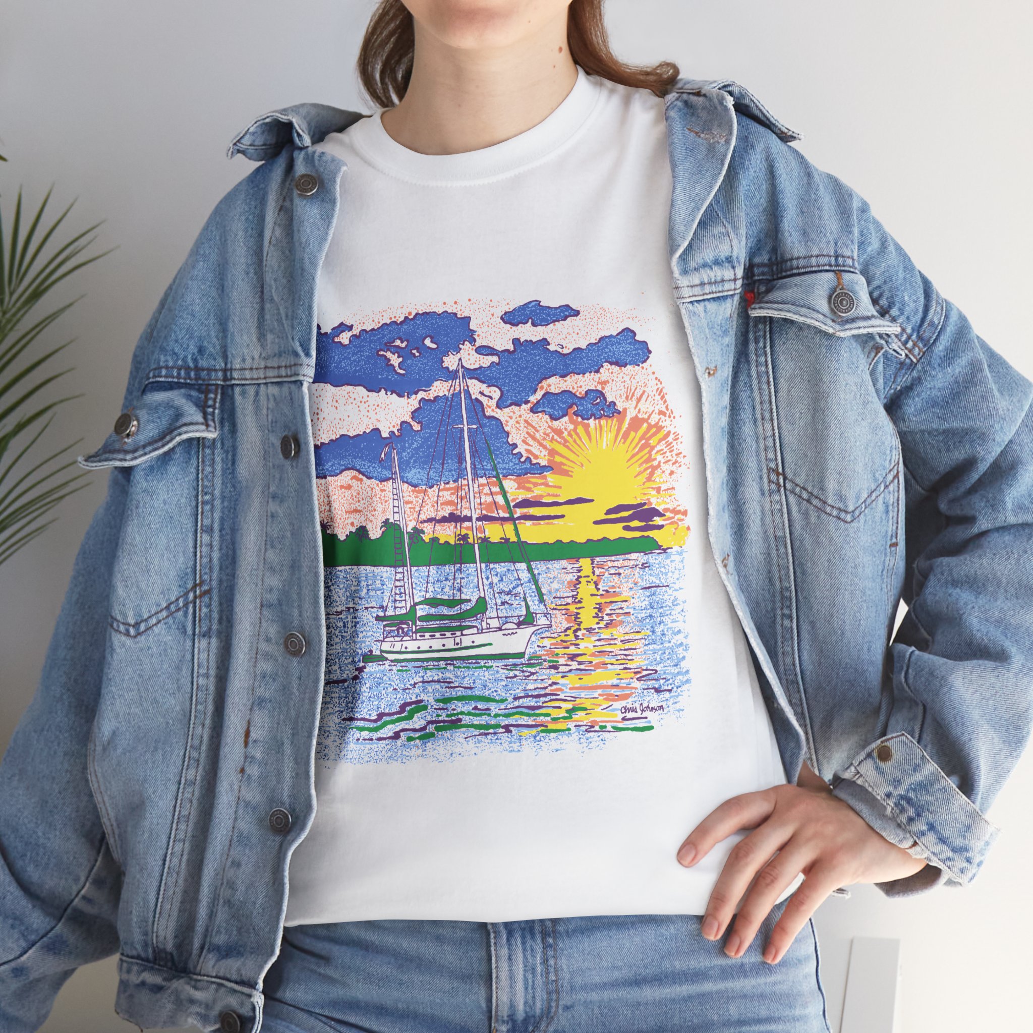 Ketch Sailboat at Sunset -Gildan 5000 - Unisex Heavy Cotton T-Shirt - Image 7