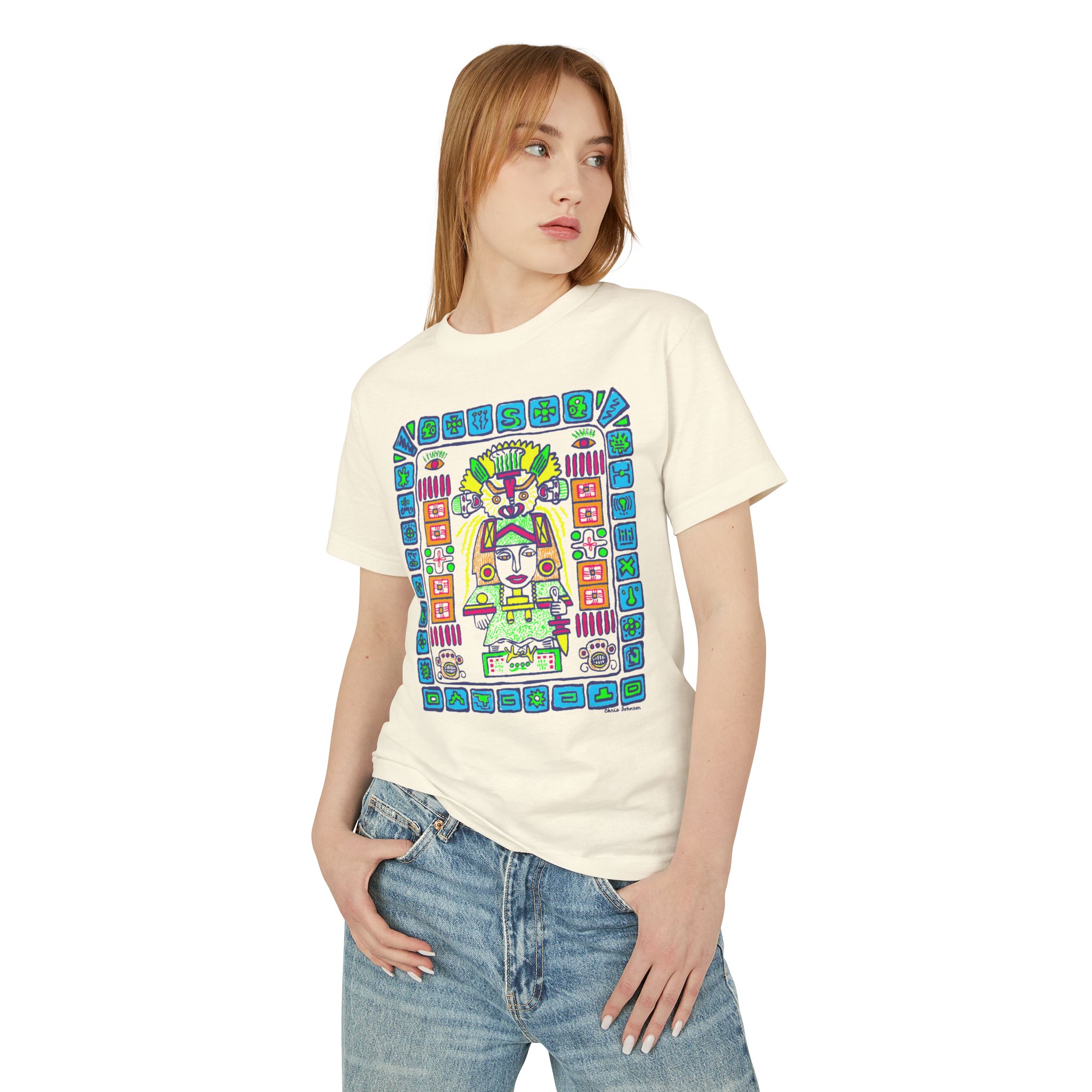 Mayan Glyph Art Cotton Tee — Colorful Aztec-Inspired Calendar Design - Image 2