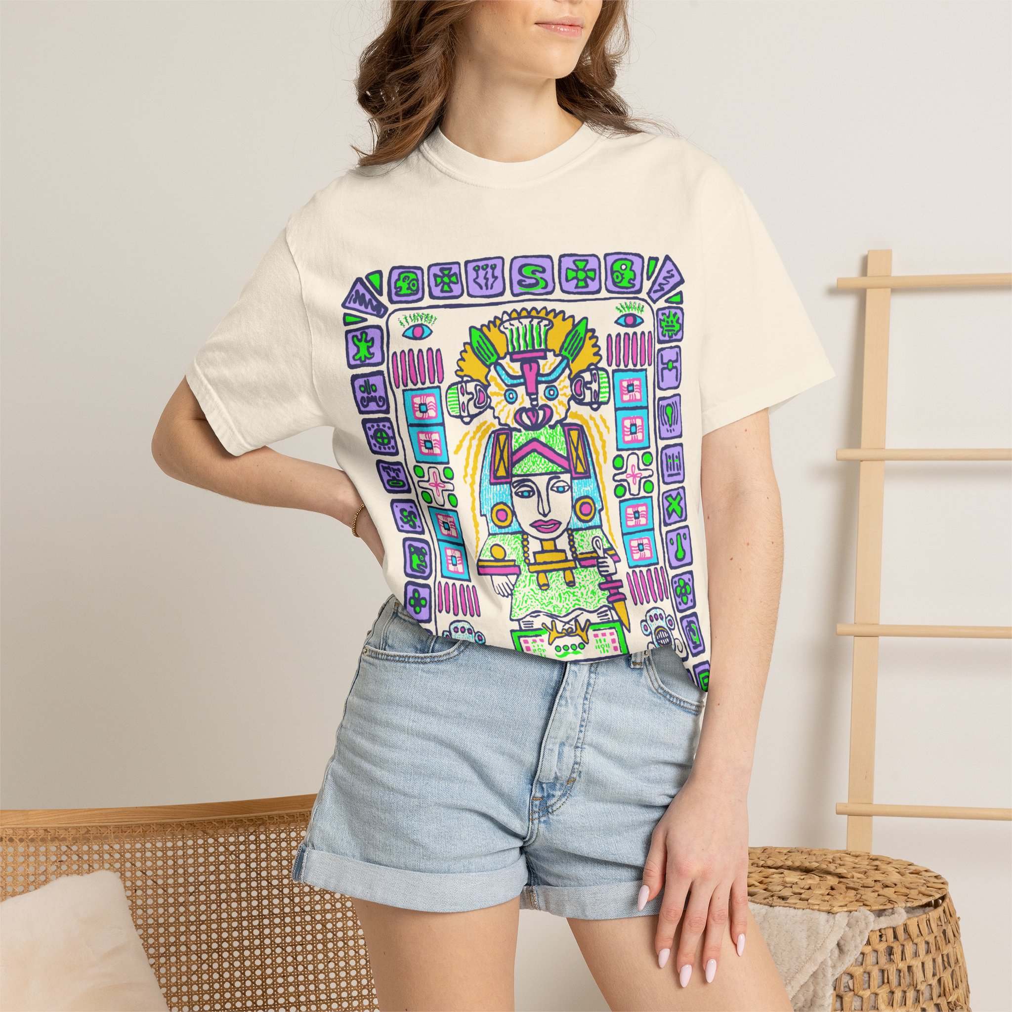 Mystic Pyramid Graphic T-Shirt — Colorful Aztec-Inspired Design - Image 3