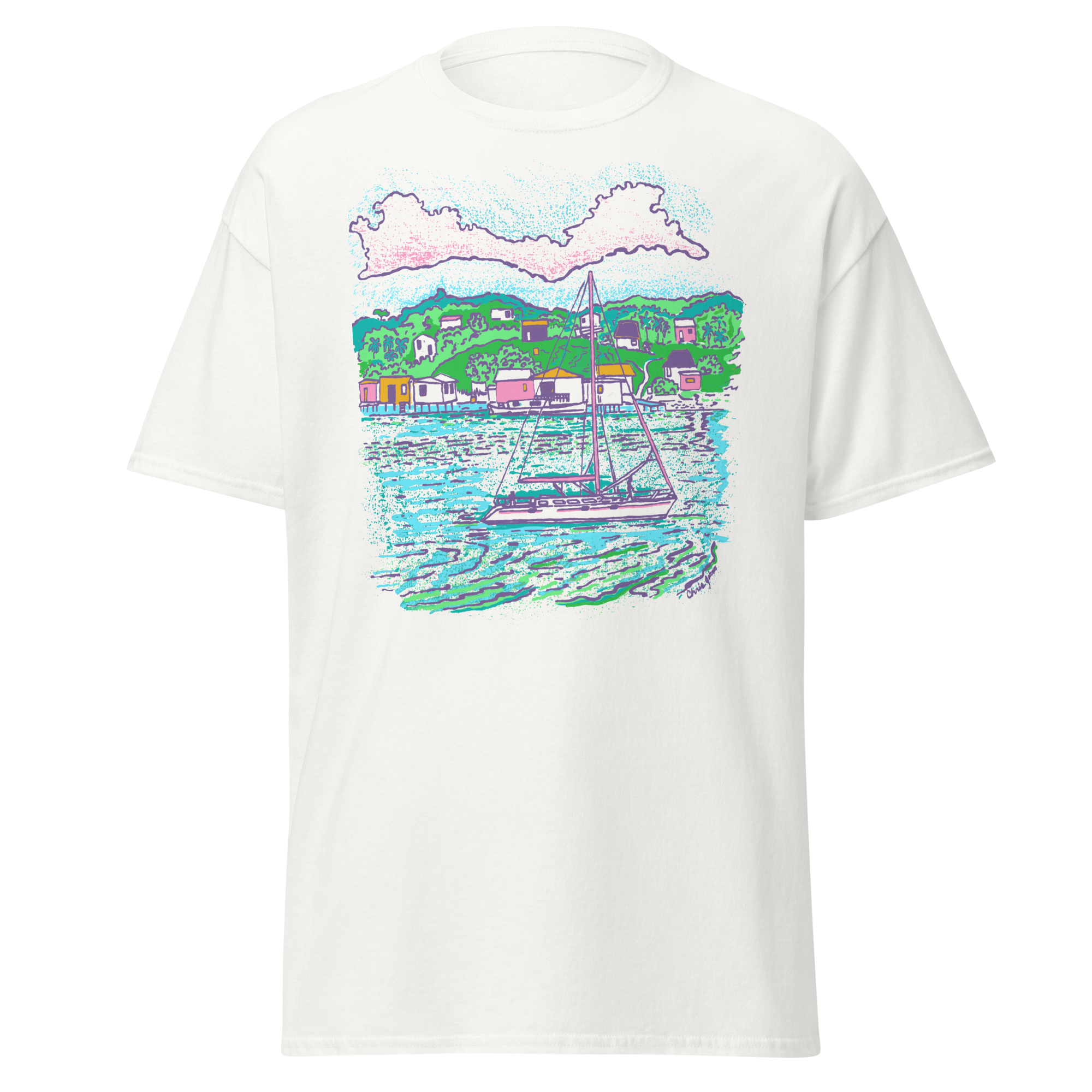 Coastal Sketch Tee — Sailboat Harbor Graphic T-Shirt