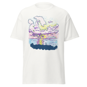 Sunset Sketch Tee — Pastel Ocean Graphic Oversized T‑Shirt