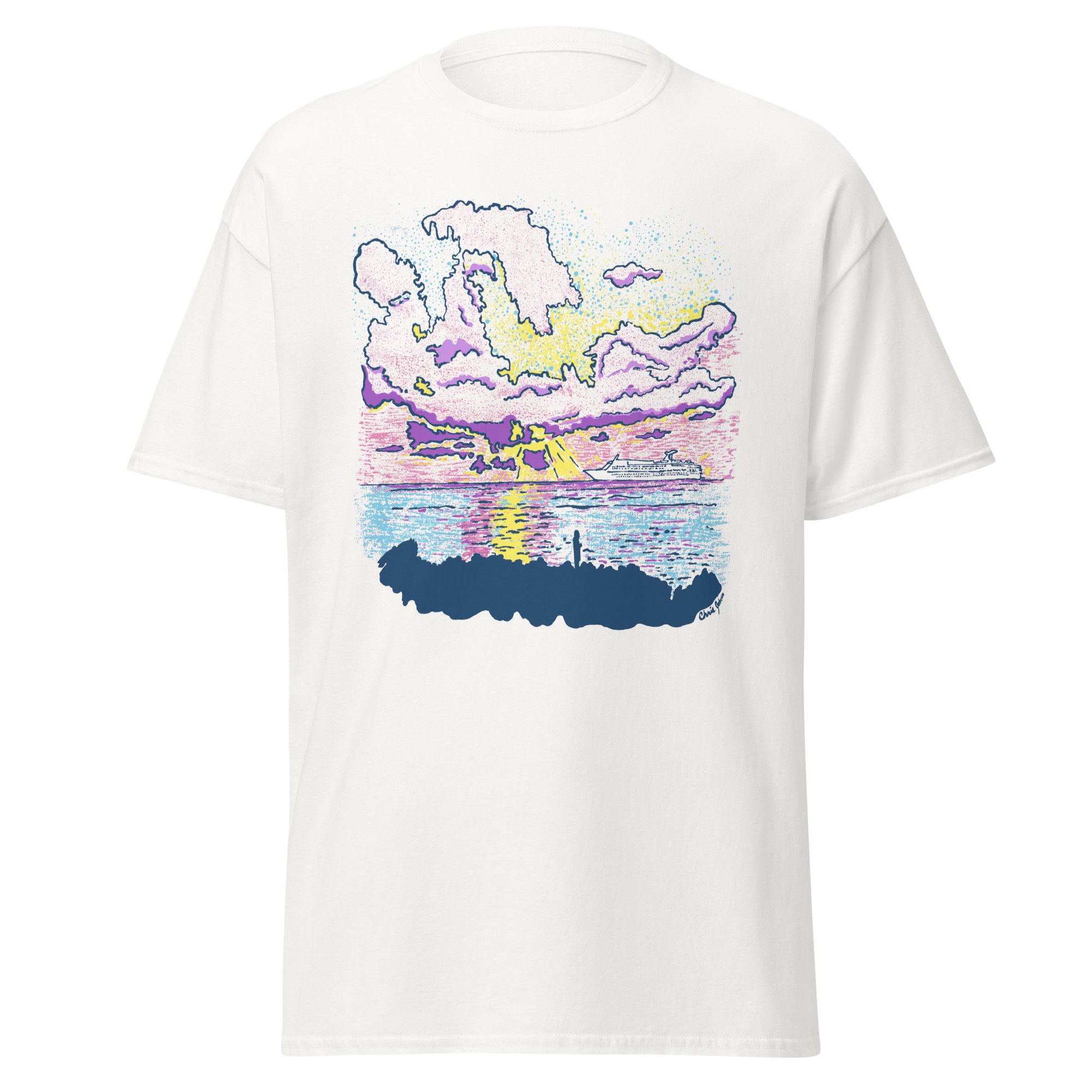 Sunset Sketch Tee — Pastel Ocean Graphic Oversized T‑Shirt