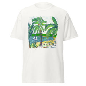 Tropical Palm Beach Tee — Vintage Beach Scene Oversized T-Shirt