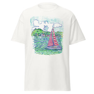 Sailboat Sketch Tee — Red Stripe Sailing Graphic Boxy T-Shirt