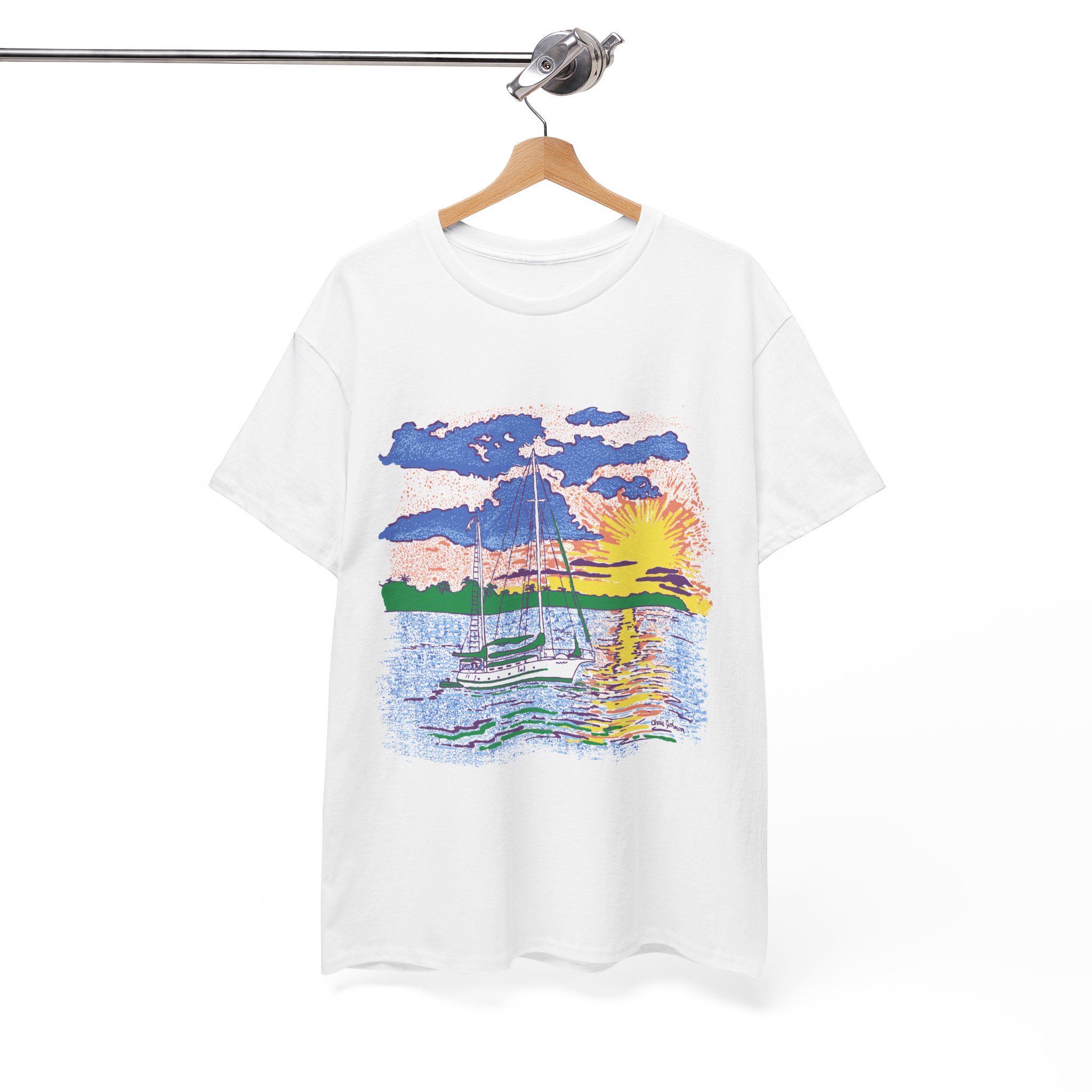 Ketch Sailboat at Sunset -Gildan 5000 - Unisex Heavy Cotton T-Shirt - Image 3