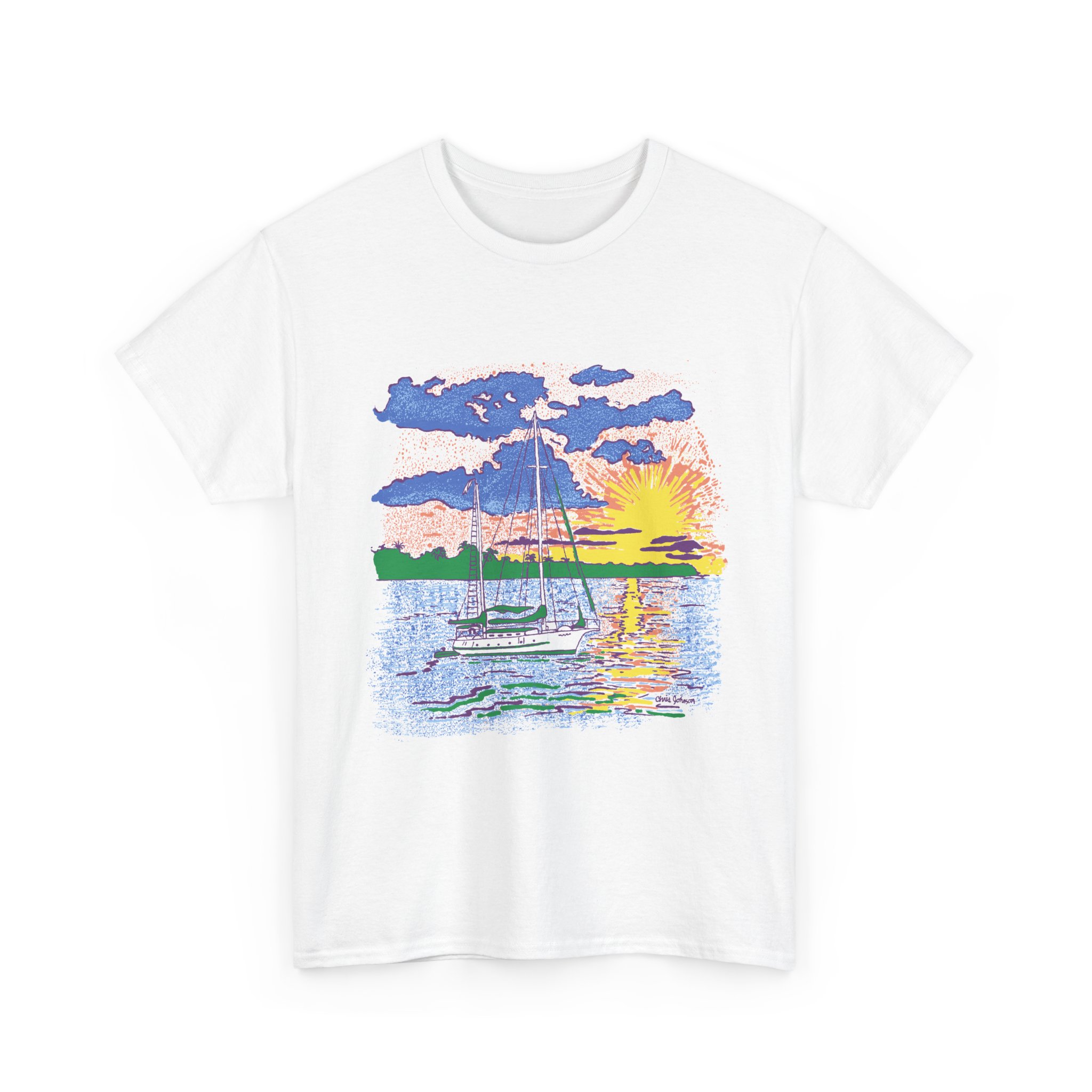 Ketch Sailboat at Sunset -Gildan 5000 - Unisex Heavy Cotton T-Shirt - Image 2